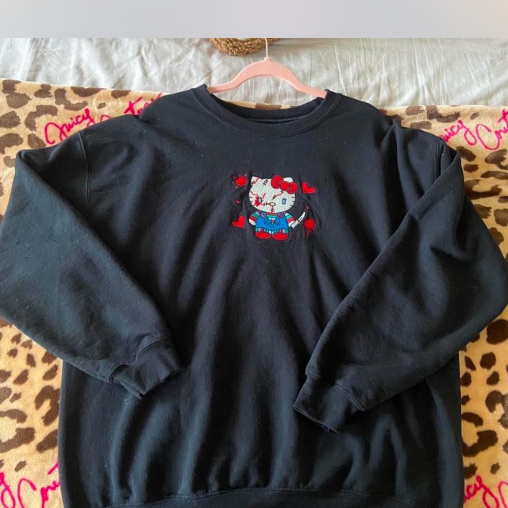 Custom Made Black Hello Kitty Graphic Crewneck Sweater